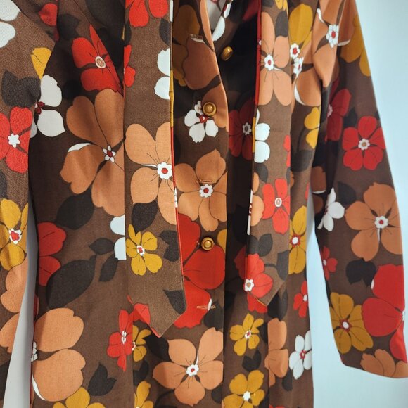 1960s Flower Power Long Sleeved Dress Floral Mod Psychedelic Neck Tie Small - Picture 3 of 10